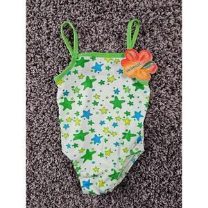 Max Grey Baby Girls Sz 12-18M One Piece Swimsuit Green White Star Print NEW